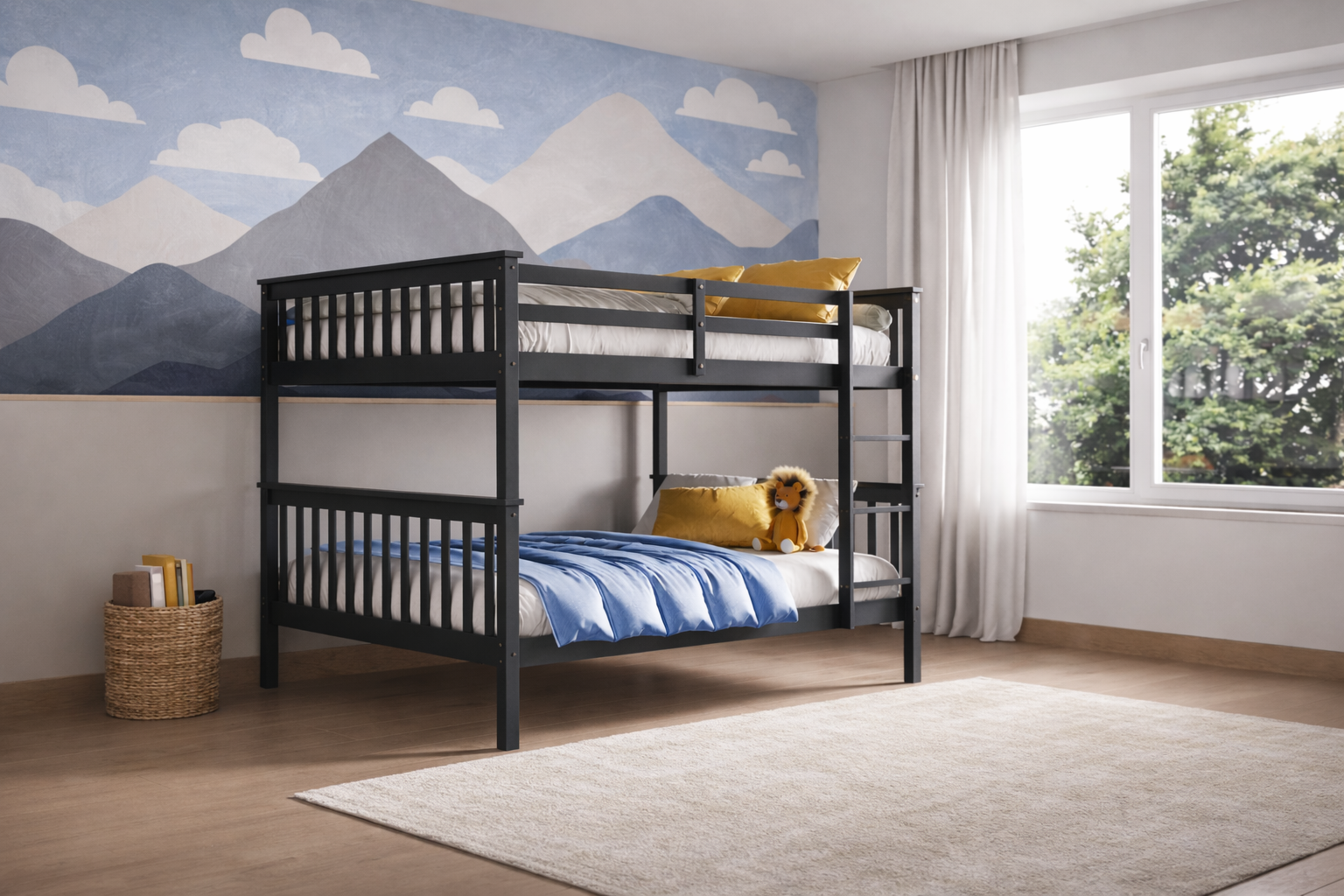 Solid wood bunk bed in a bright Canadian home