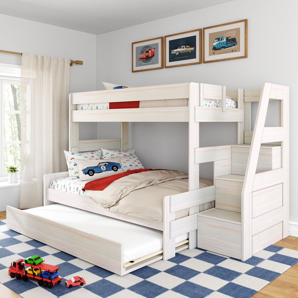 Farmhouse Twin Over Full Bunk Bed with Stairs and Trundle