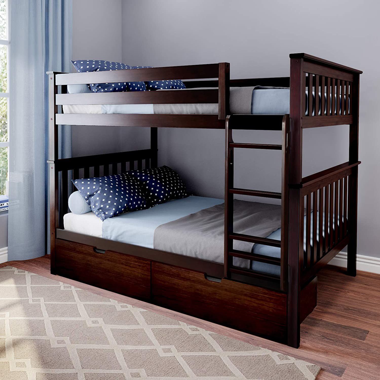 Solid Wood Full Over Full Bunk Bed with Storage in Espresso Canada