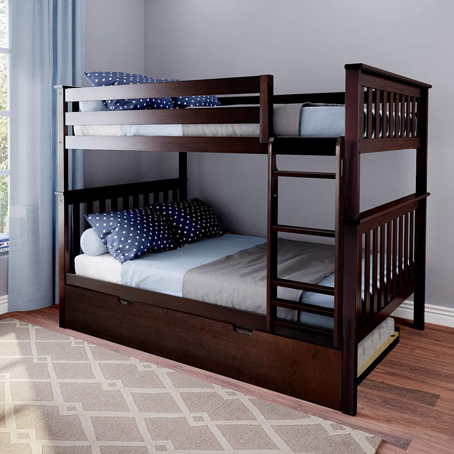Solid Wood Full Over Full Bunk Bed with Trundle in Espresso Canada