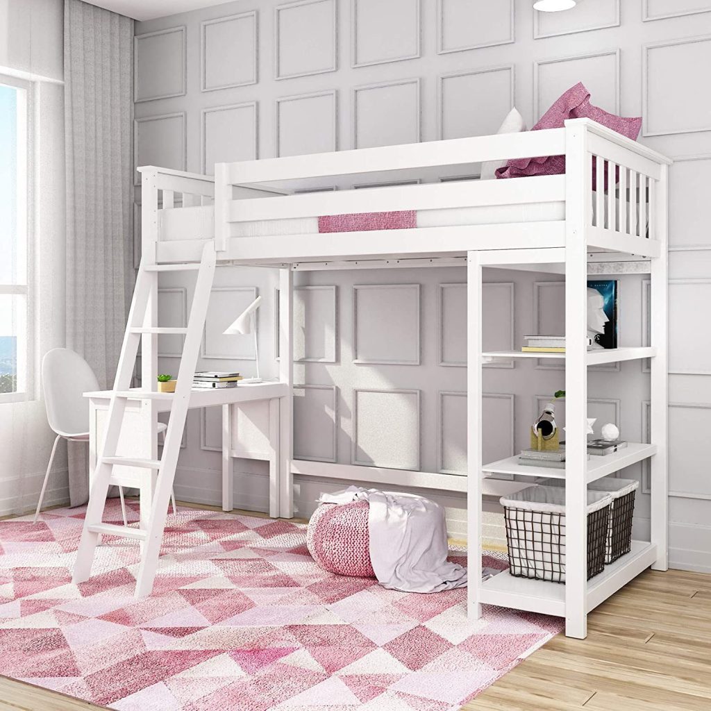 Solid Wood Twin High Loft Bed with Bookcase and Desk