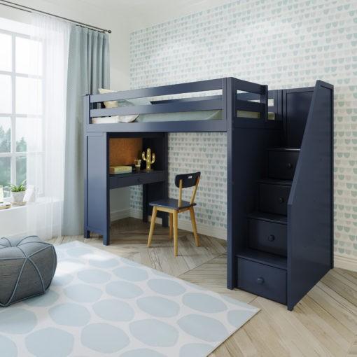 Premium Twin Loft Bed with Stairs and Desk in Blue