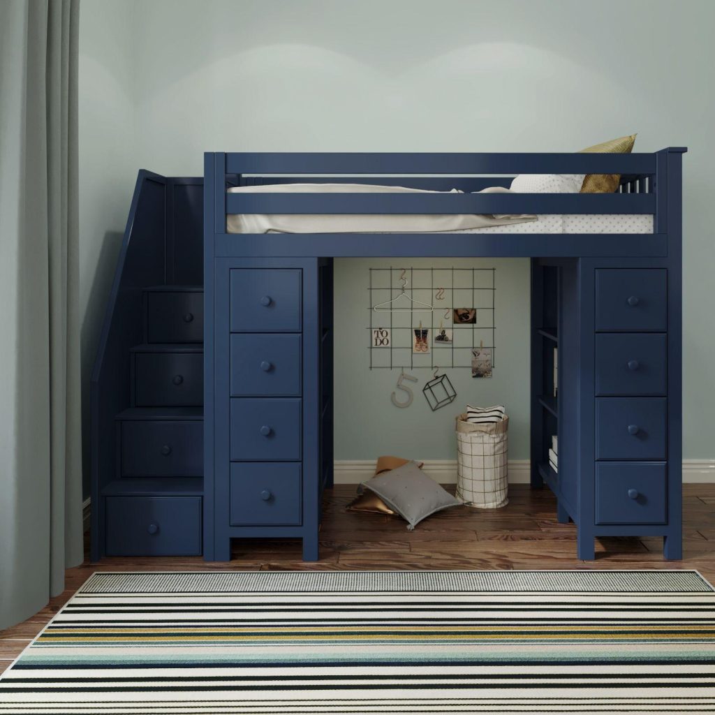 Premium Twin Loft Bed with Stairs and Storage in Blue