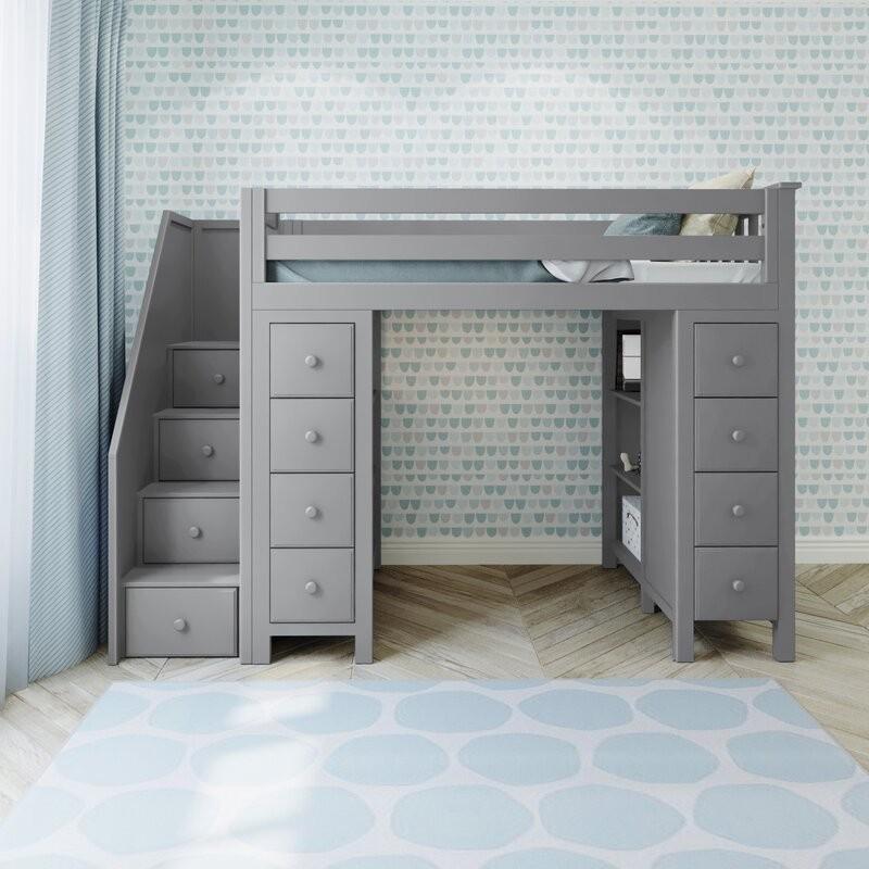 Premium Twin Loft Bed with Stairs and Storage in Grey