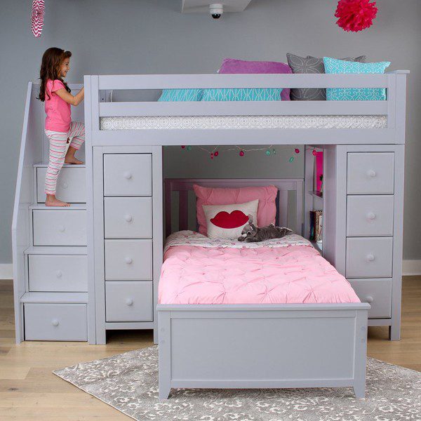 Premium Grey Twin Loft Bunk Bed with Stairs and Storage