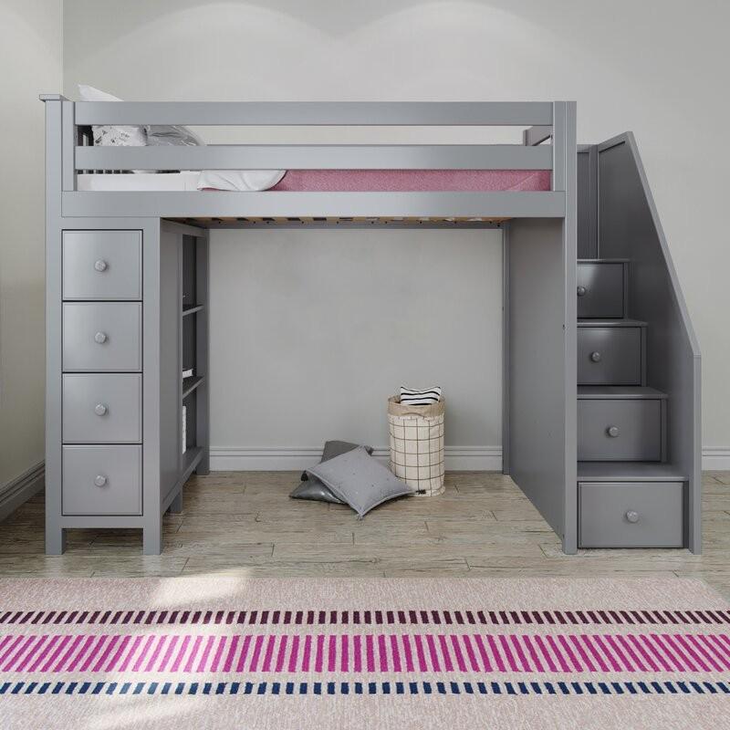 Premium Twin Loft Bed with Stairs and Storage in Grey