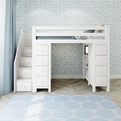 Premium Twin Loft Bed with Stairs and Storage in White