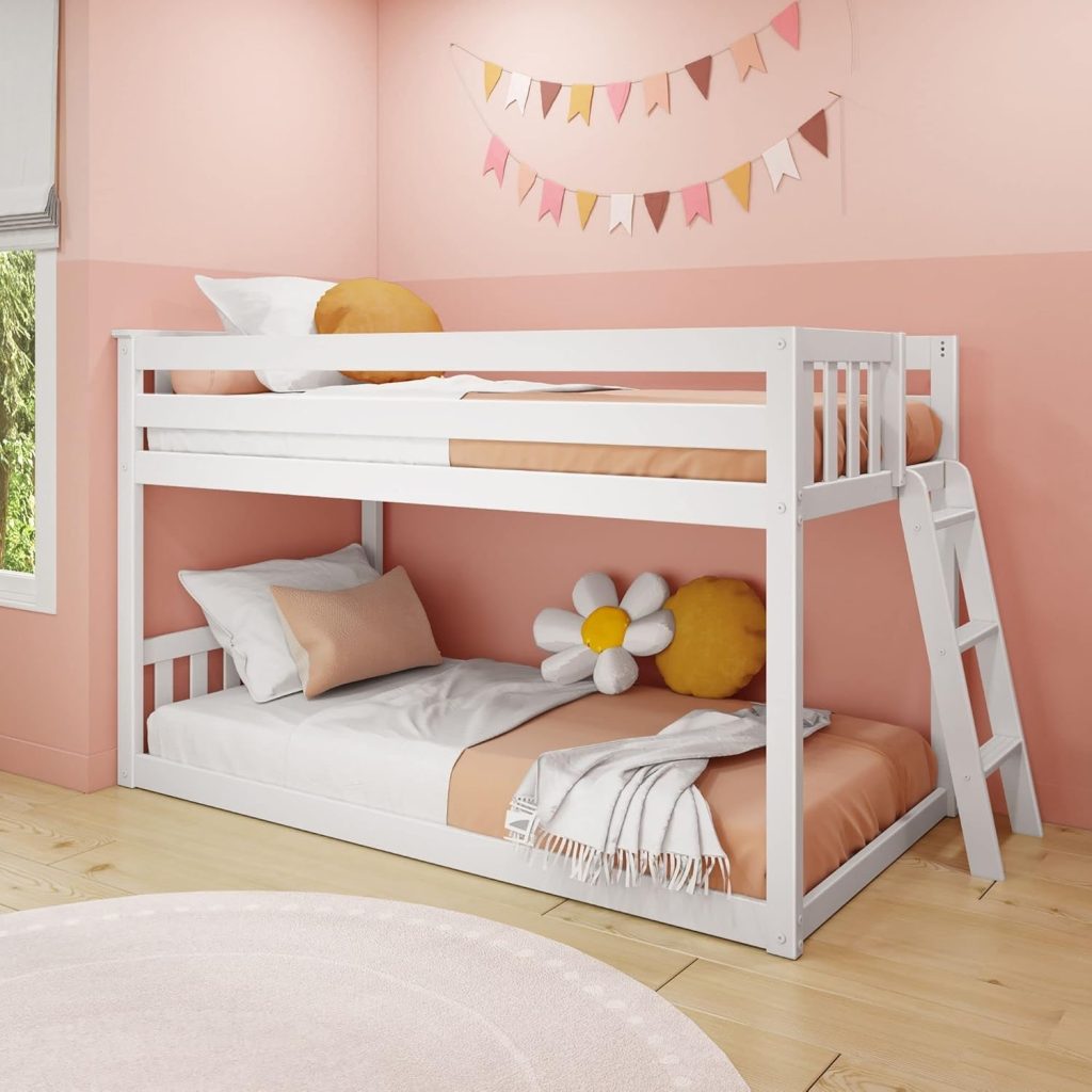 Solid Wood Twin Low Bunk Bed with Ladder on End