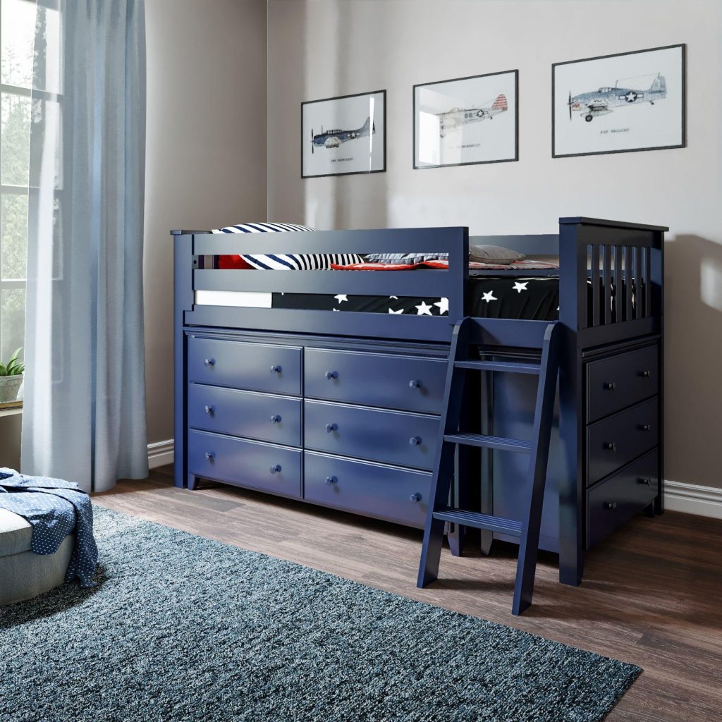 Premium Twin Low Loft Bed with Dresser in Blue