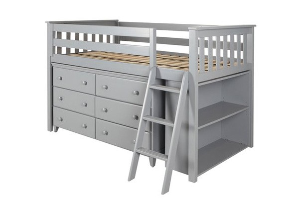 Premium Twin Low Loft Bed with Dresser and Bookcase in Grey