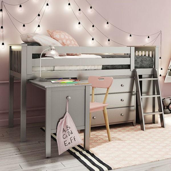Premium Twin Low Loft Bed with Dresser, Desk and Bookcase in Grey