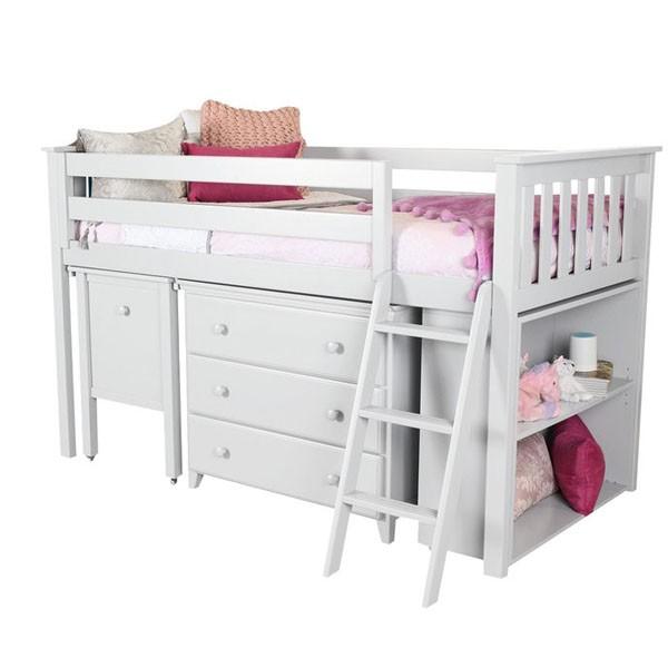 Premium Twin Low Loft Bed with Dresser, Desk and Bookcase in White