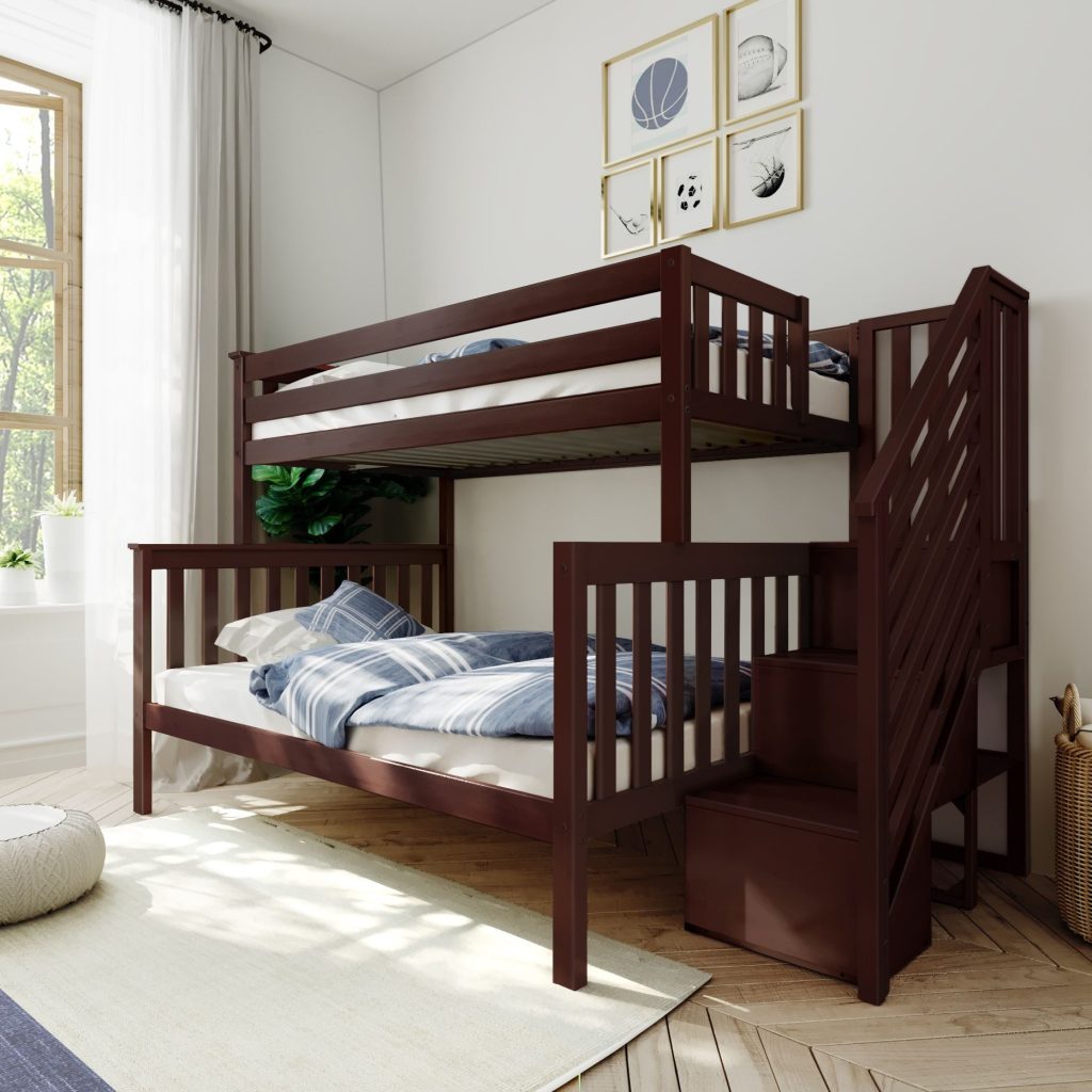 Solid Wood Twin Over Full Bunk Bed with Stairs in Espresso