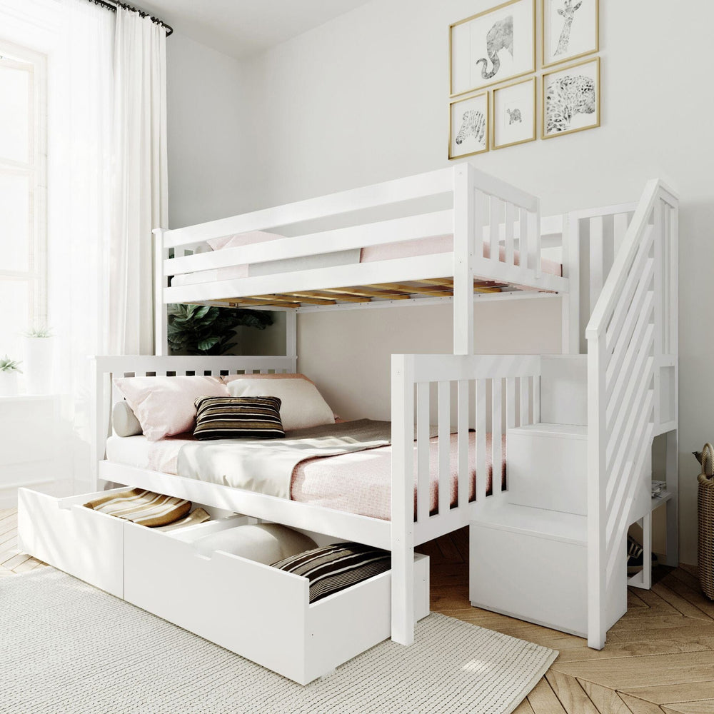 Solid Wood Twin Over Full Bunk Bed with Stairs and Storage in White Canada