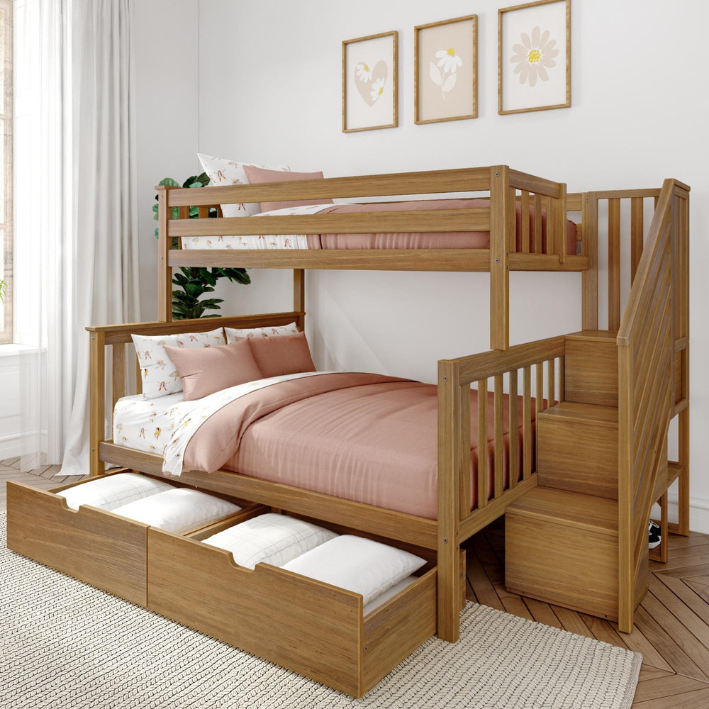 Solid Wood Twin Over Full Bunk Bed with Stairs and Storage