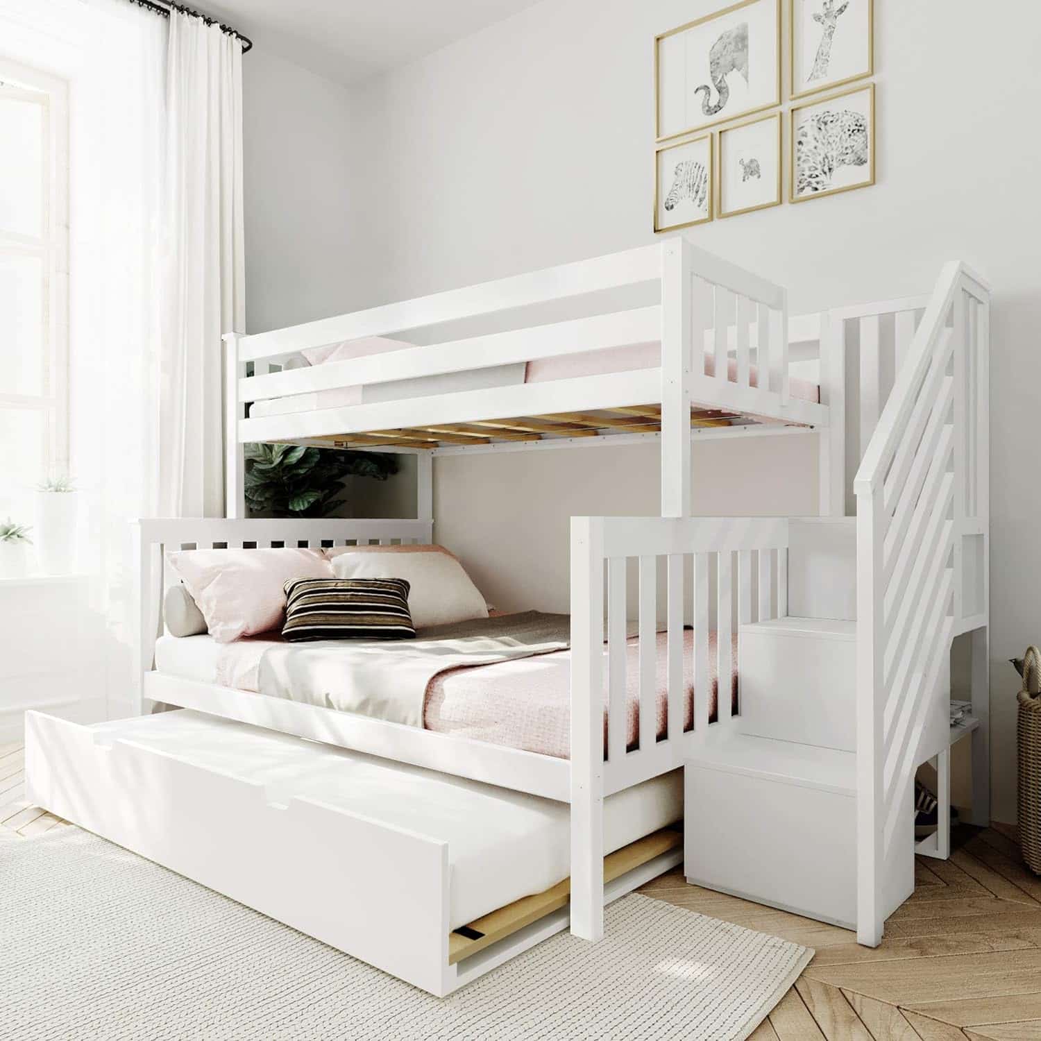 Solid Wood Twin Over Full Bunk Bed with Stairs and Trundle view 2