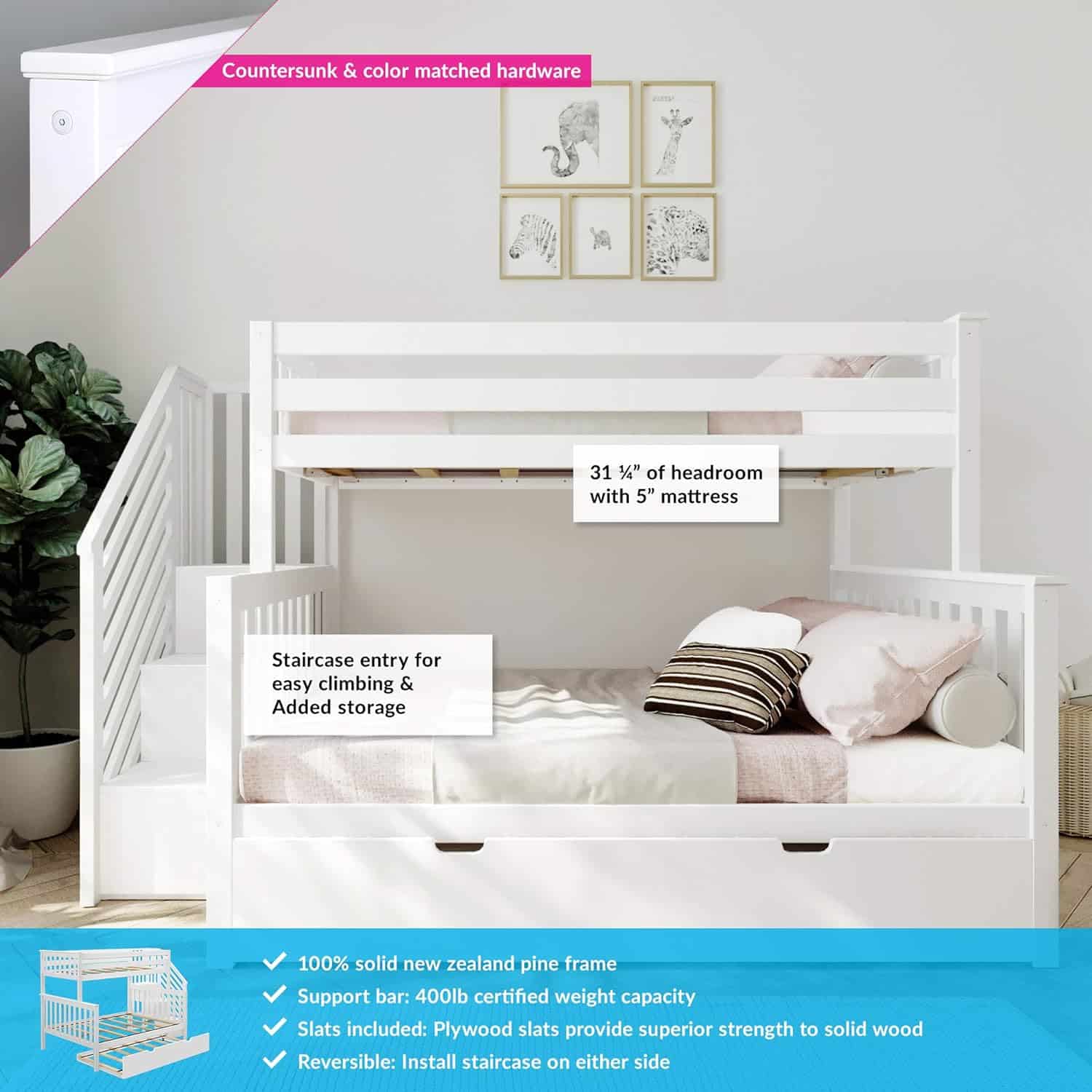 Solid Wood Twin Over Full Bunk Bed with Stairs and Trundle view 3