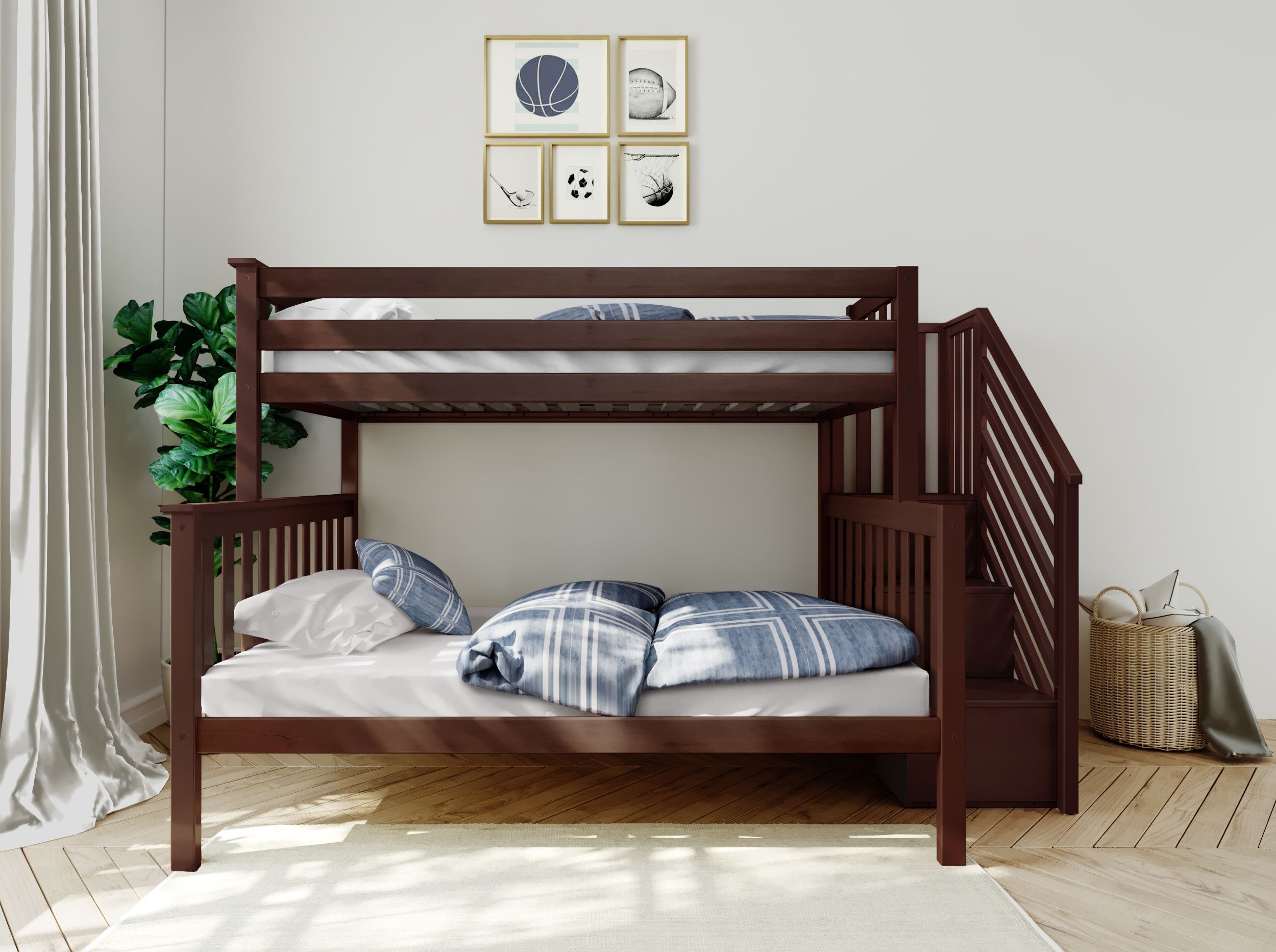 Solid Wood Twin Over Full Bunk Bed with Stairs view 2