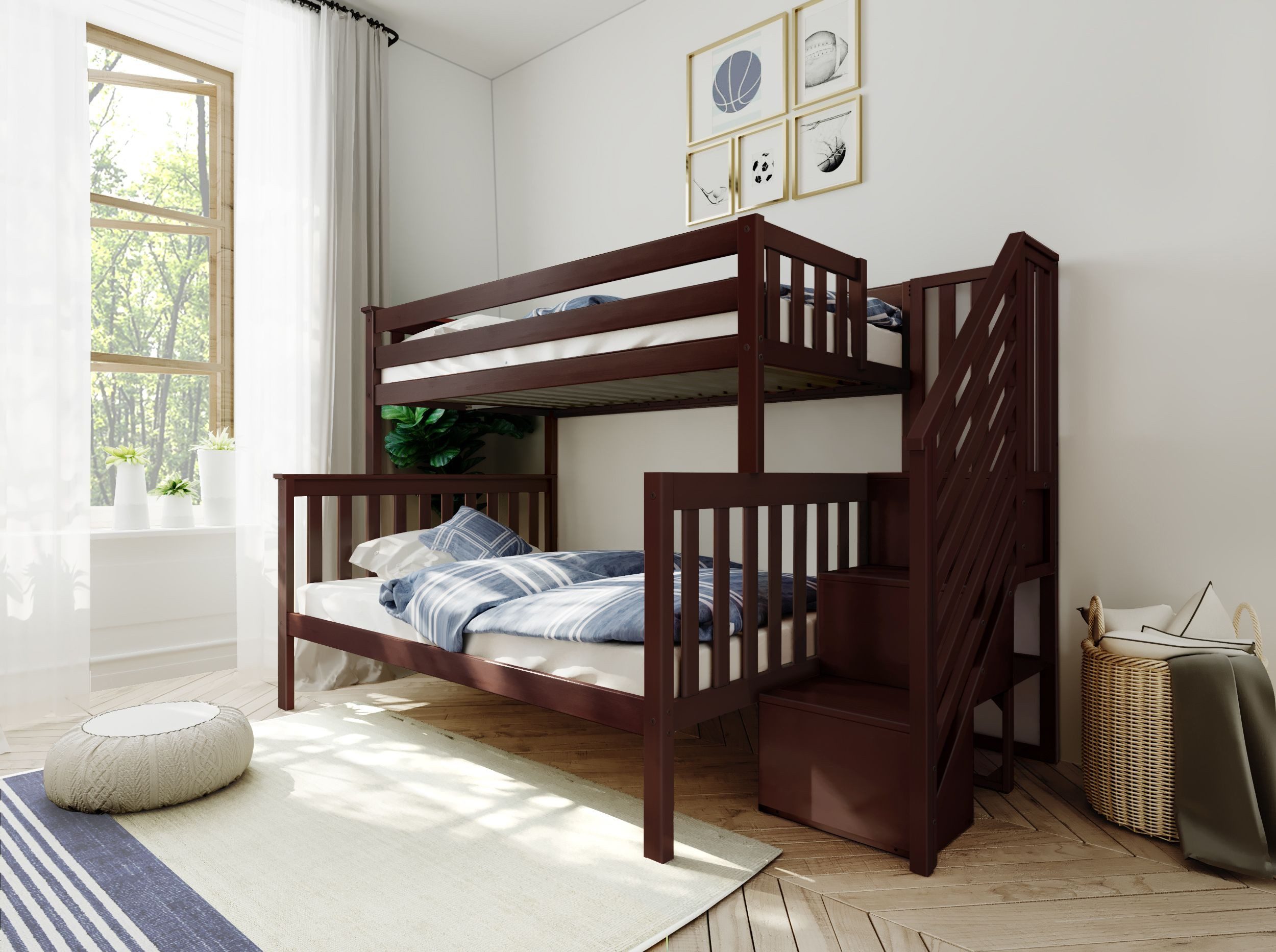 Solid Wood Twin Over Full Bunk Bed with Stairs in Espresso Canada