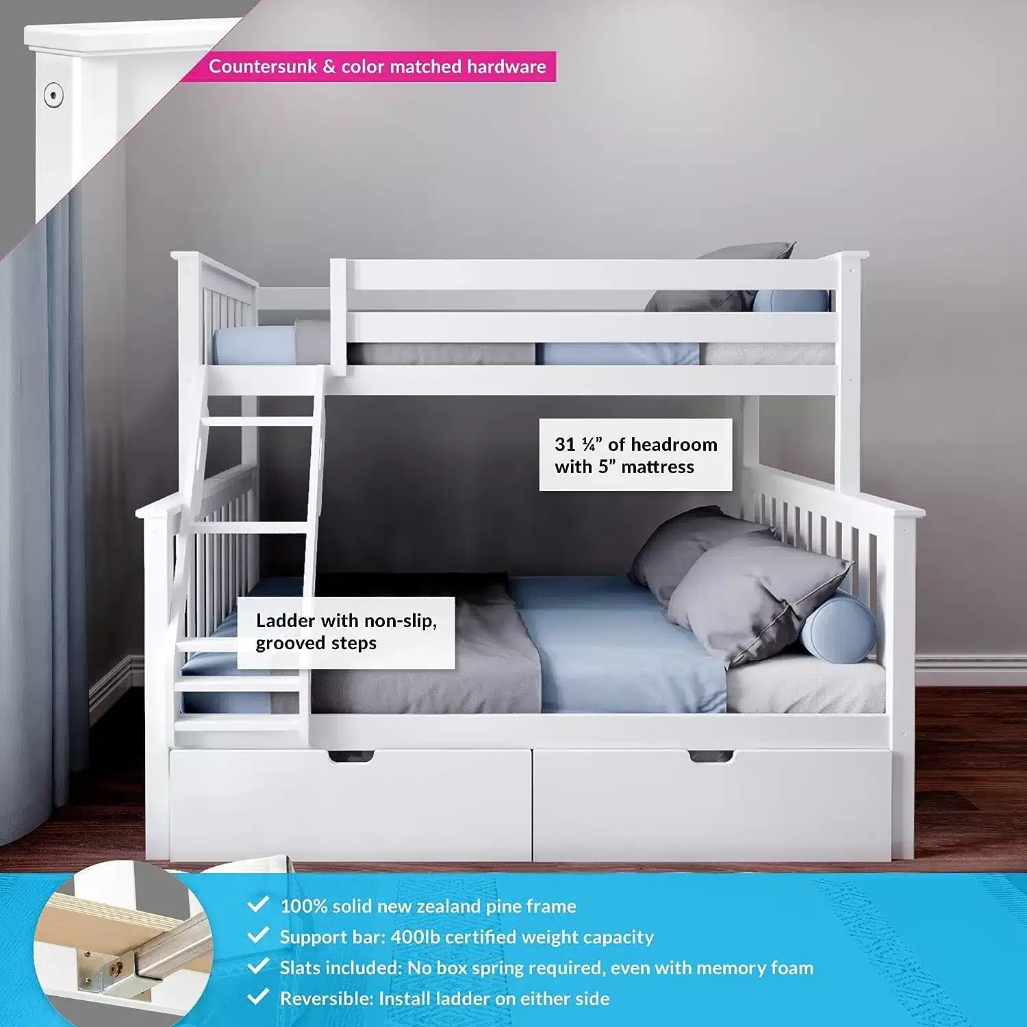 Solid Wood Twin Over Full Bunk Bed with Storage view 3