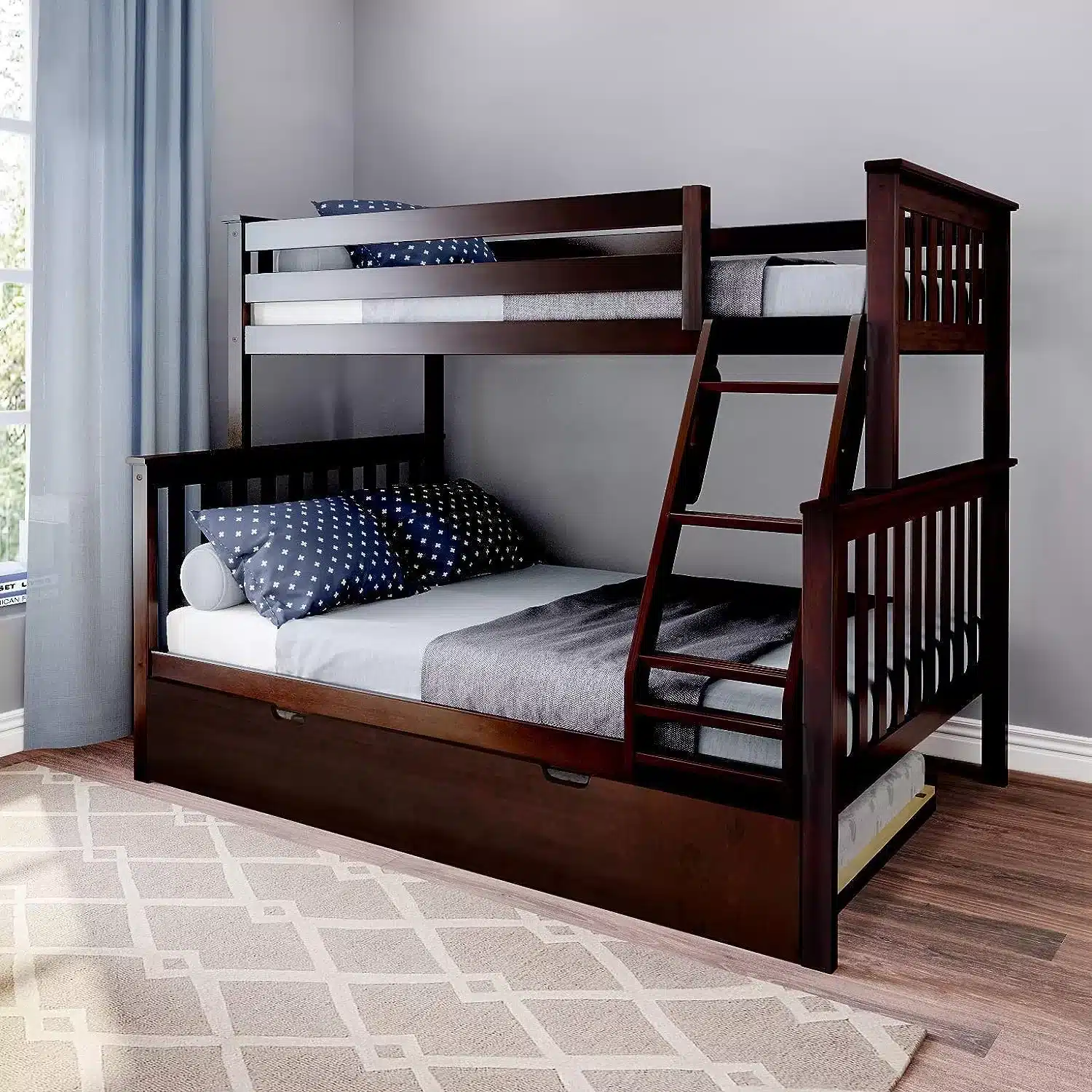 Solid Wood Twin Over Full Bunk Bed with Trundle in Espresso Canada