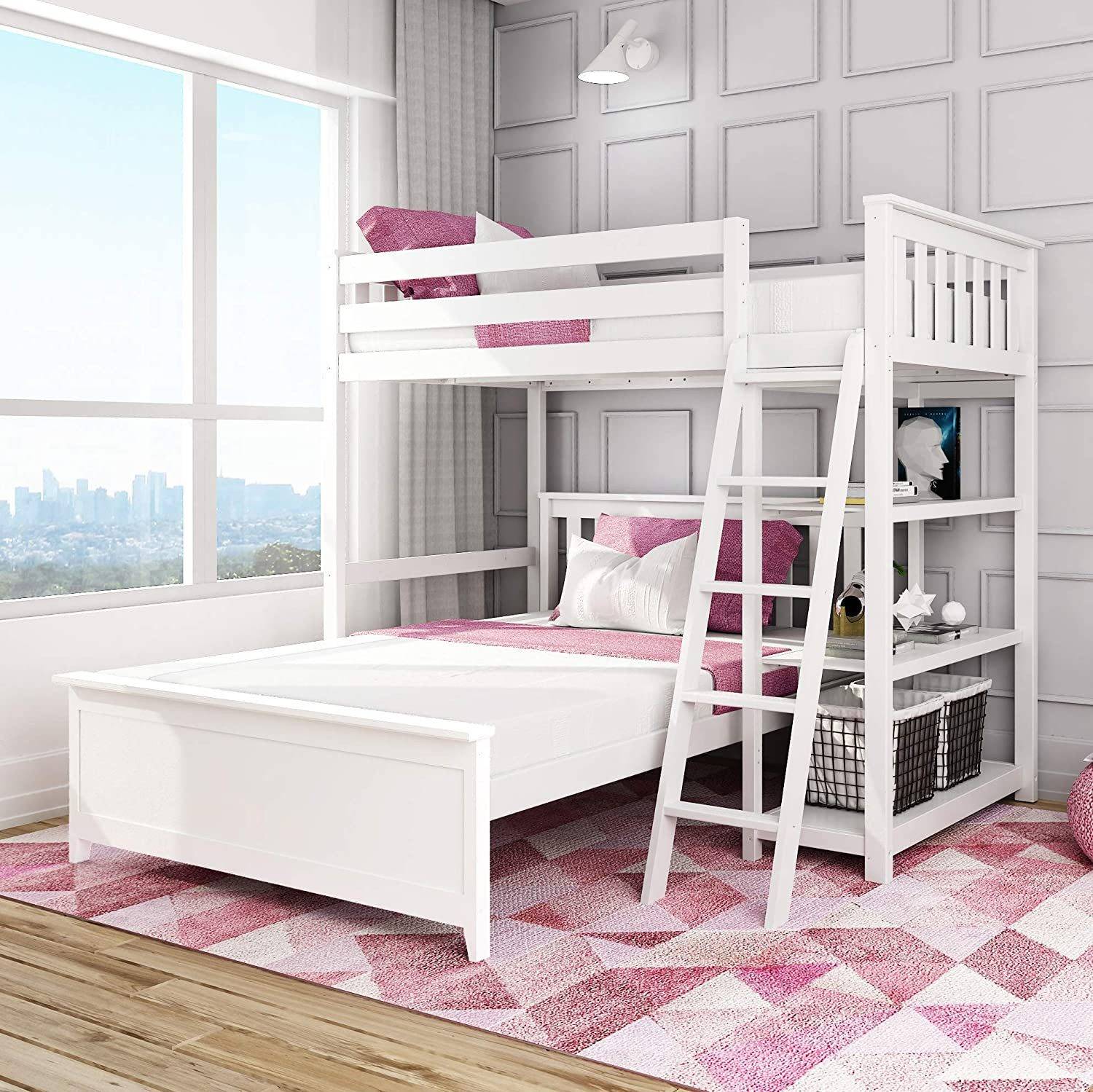Solid Wood Twin Over Full L-Shaped Bunk Bed with Bookcase in Grey Canada