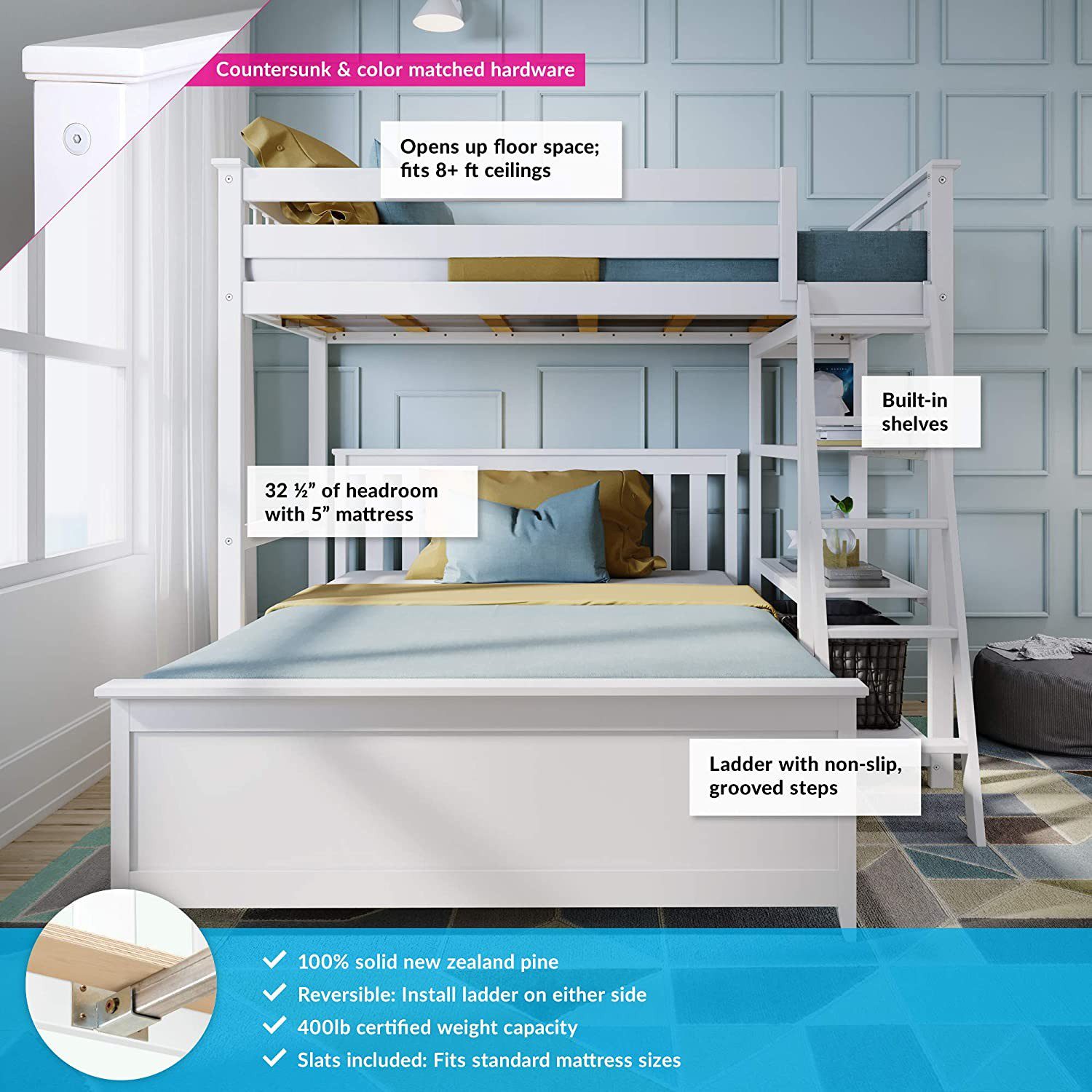 Solid Wood Twin Over Full L-Shaped Bunk Bed with Bookcase view 2