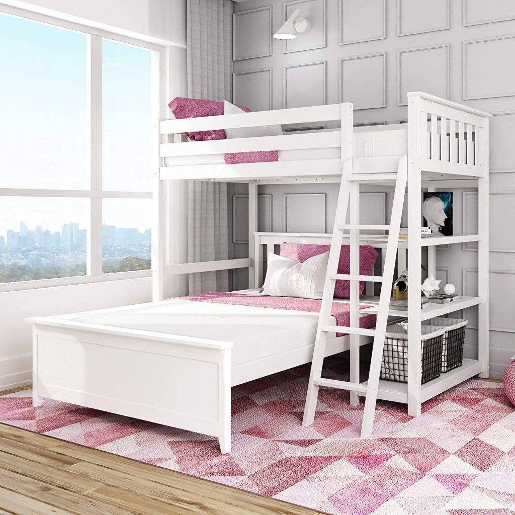 Solid Wood Twin Over Full L-Shaped Bunk Bed with Bookcase