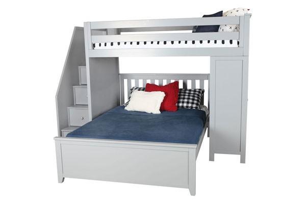Premium Twin Over Full Loft Bed with Stairs and Desk in Grey