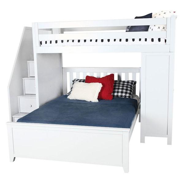 Premium Twin Over Full Loft Bed with Stairs and Desk in White