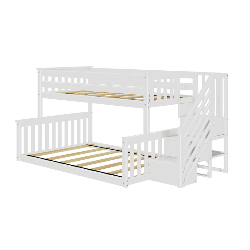 Solid Wood Twin Over Full Low Bunk Bed with Stairs view 3