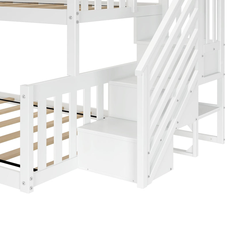 Solid Wood Twin Over Full Low Bunk Bed with Stairs view 4