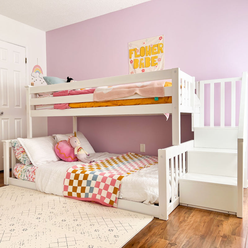 Solid Wood Twin Over Full Low Bunk Bed with Stairs