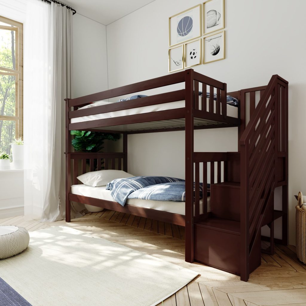 Solid Wood Twin Over Twin Bunk Bed with Stairs in Espresso