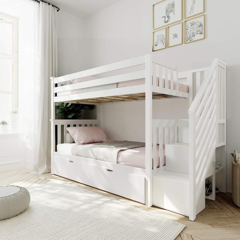 Solid Wood Twin Over Twin Bunk Bed with Stairs and Trundle