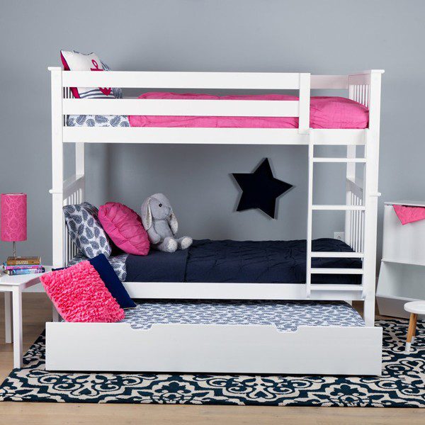 Solid Wood Twin Over Twin Bunk Bed with Trundle and Ladder in White Canada