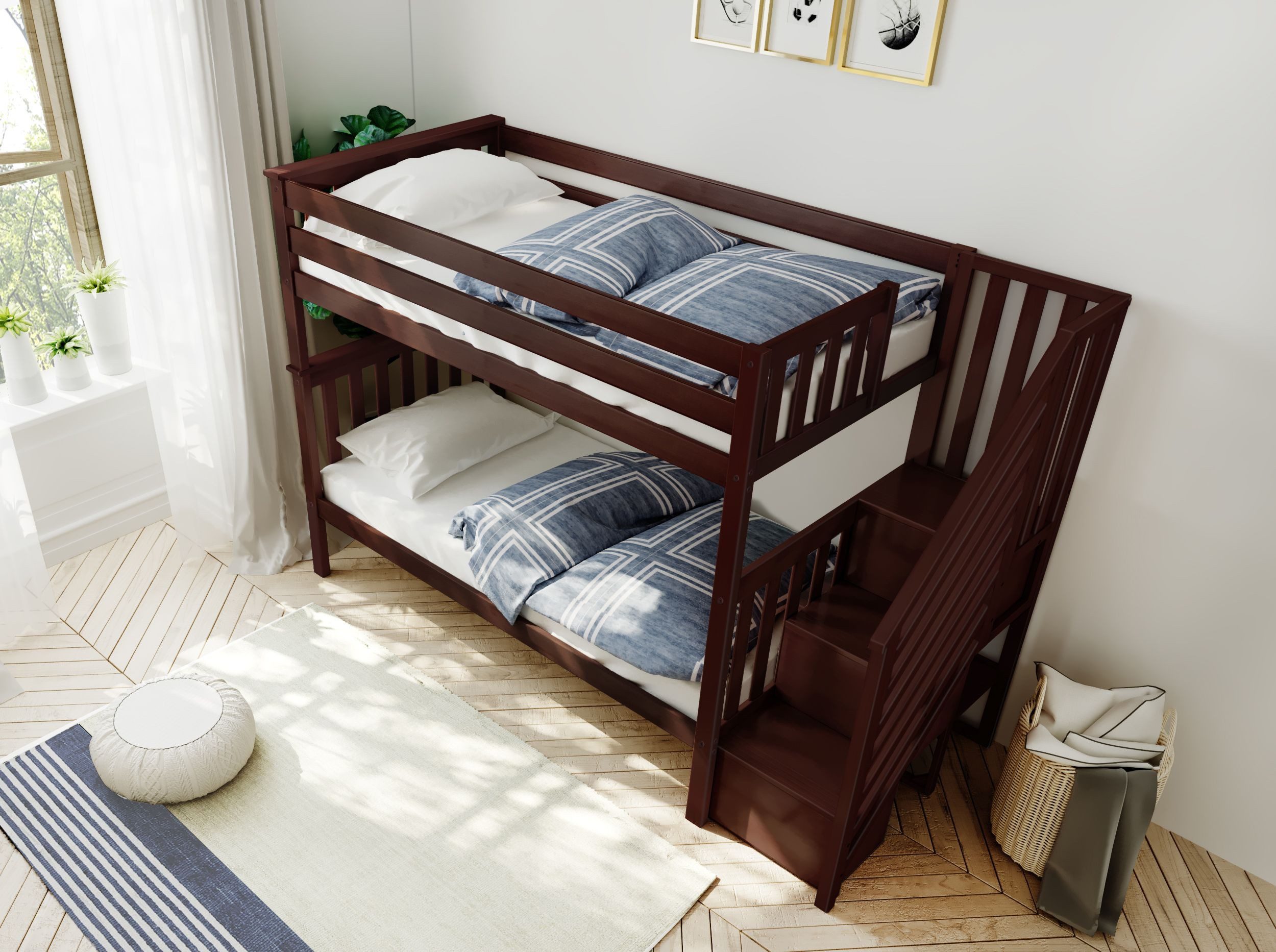 Solid Wood Twin Over Twin Bunk Bed with Stairs view 2