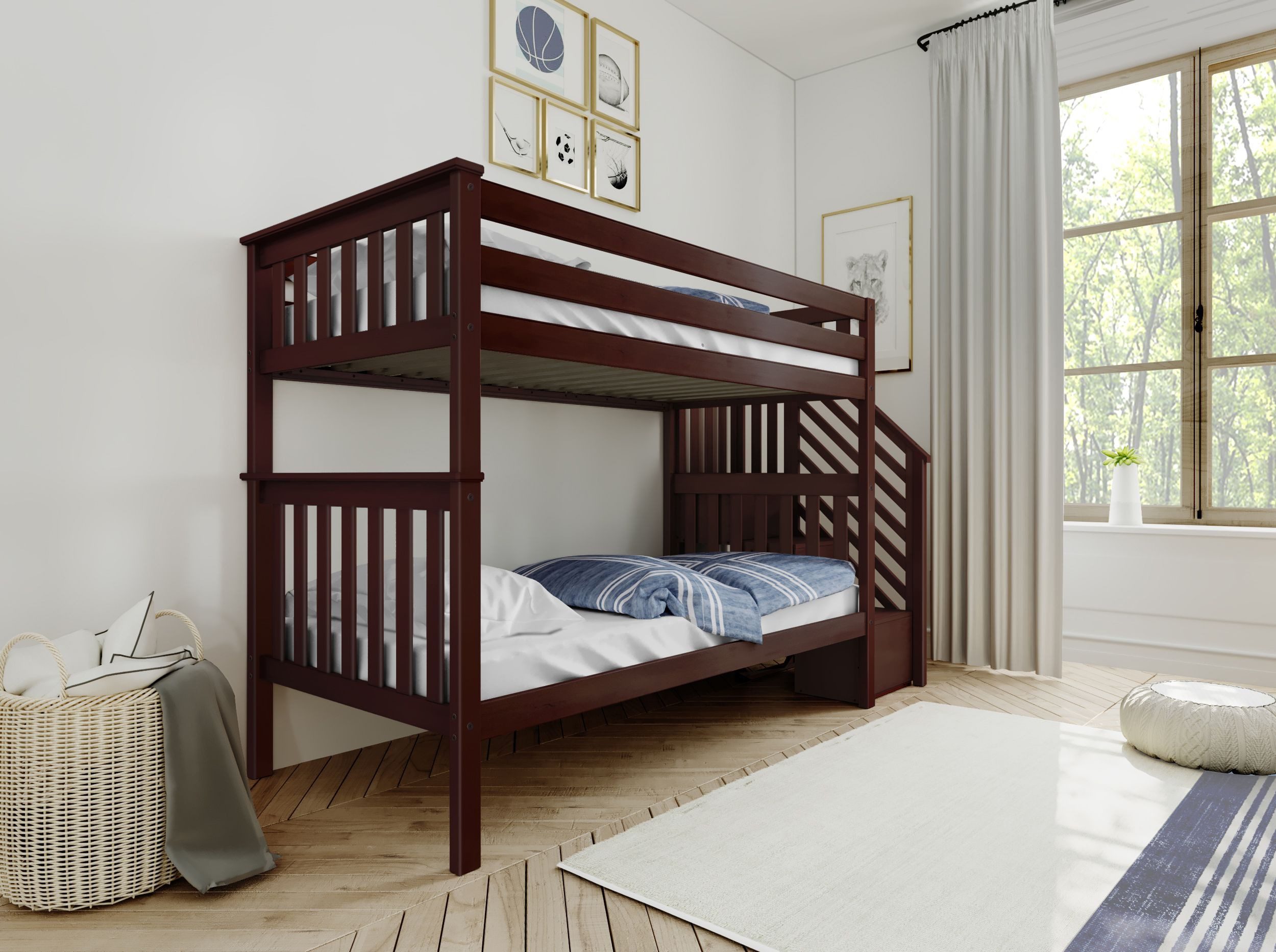 Solid Wood Twin Over Twin Bunk Bed with Stairs view 3