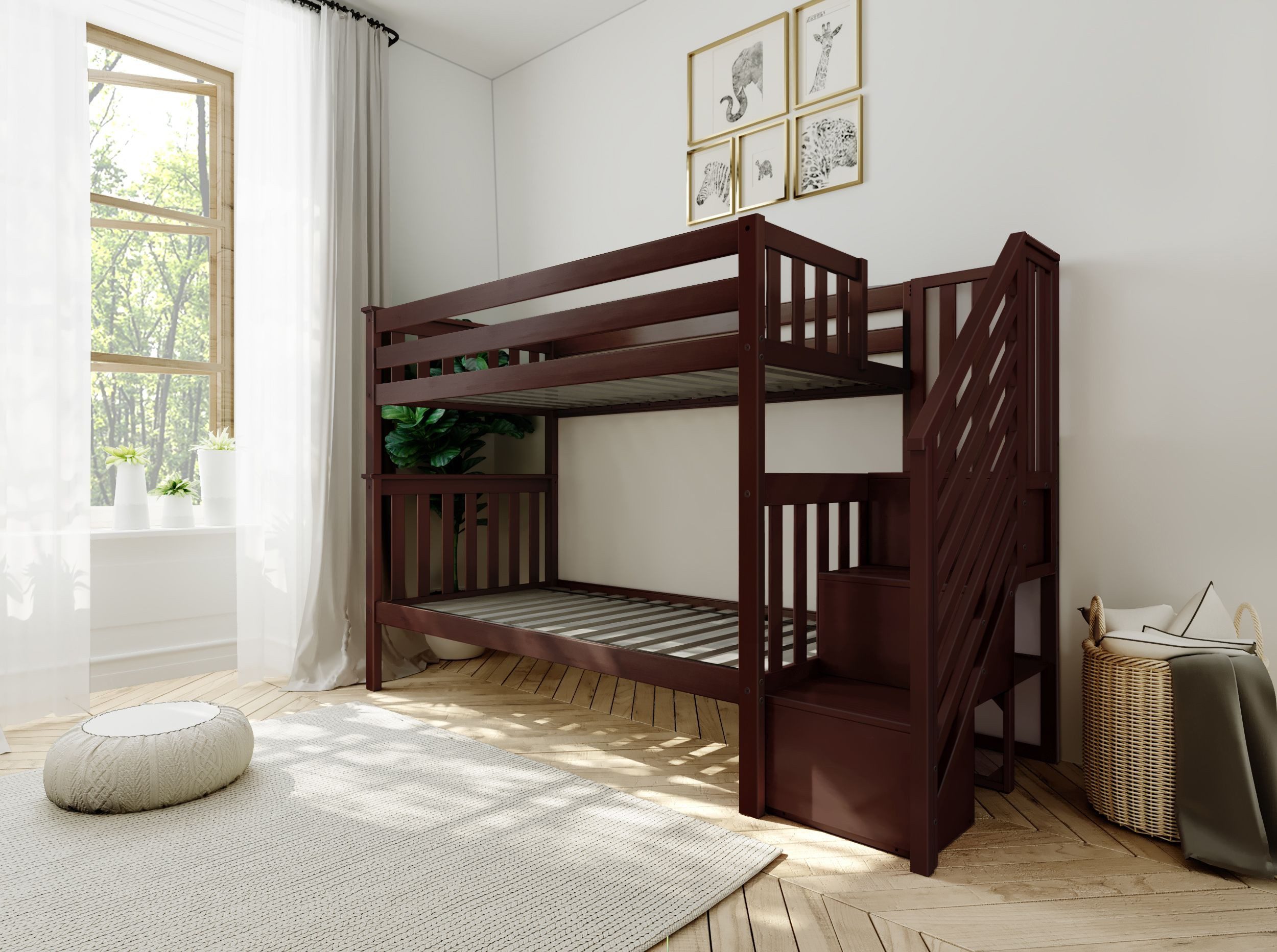 Solid Wood Twin Over Twin Bunk Bed with Stairs view 4