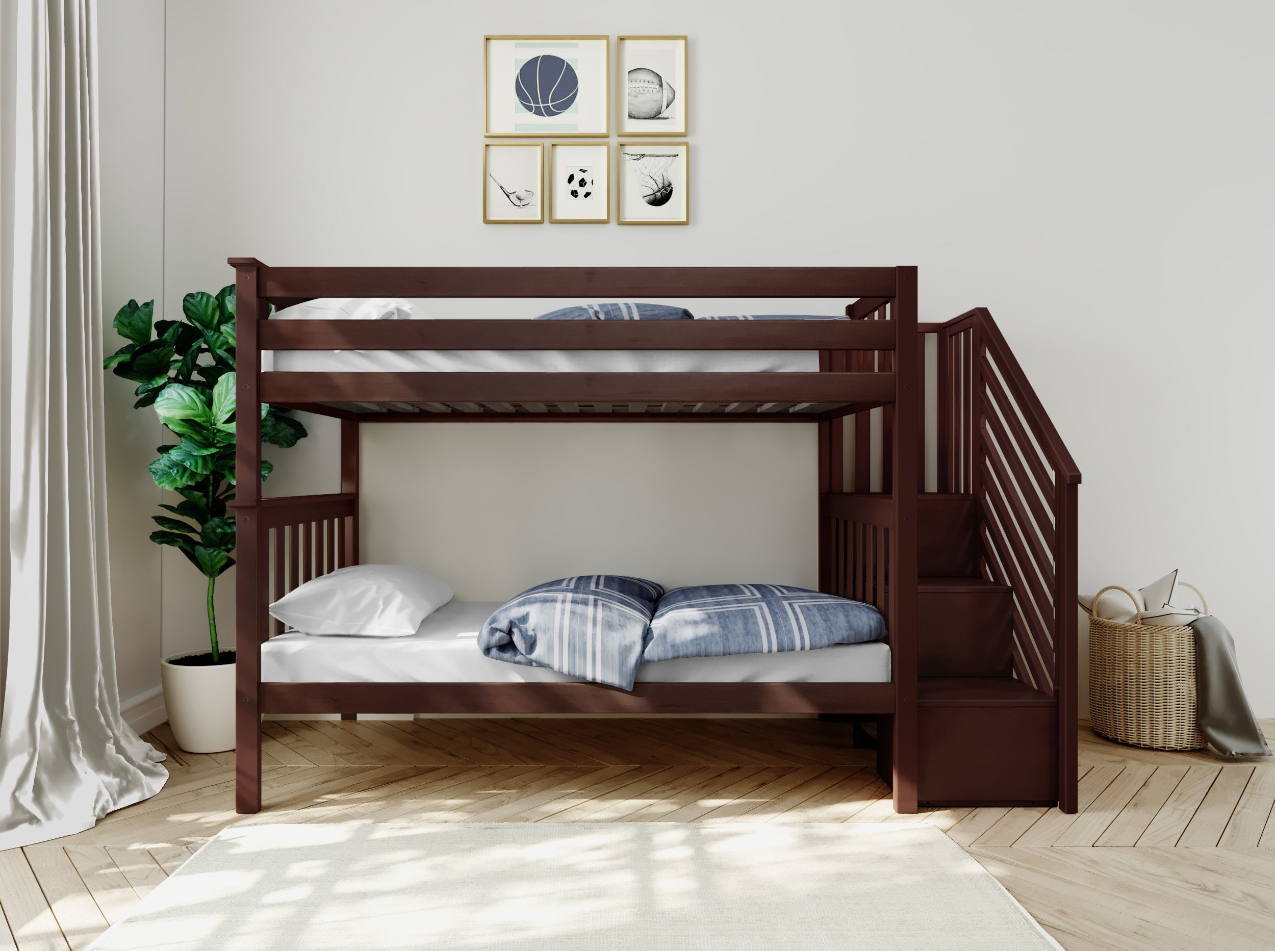 Solid Wood Twin Over Twin Bunk Bed with Stairs in Espresso Canada