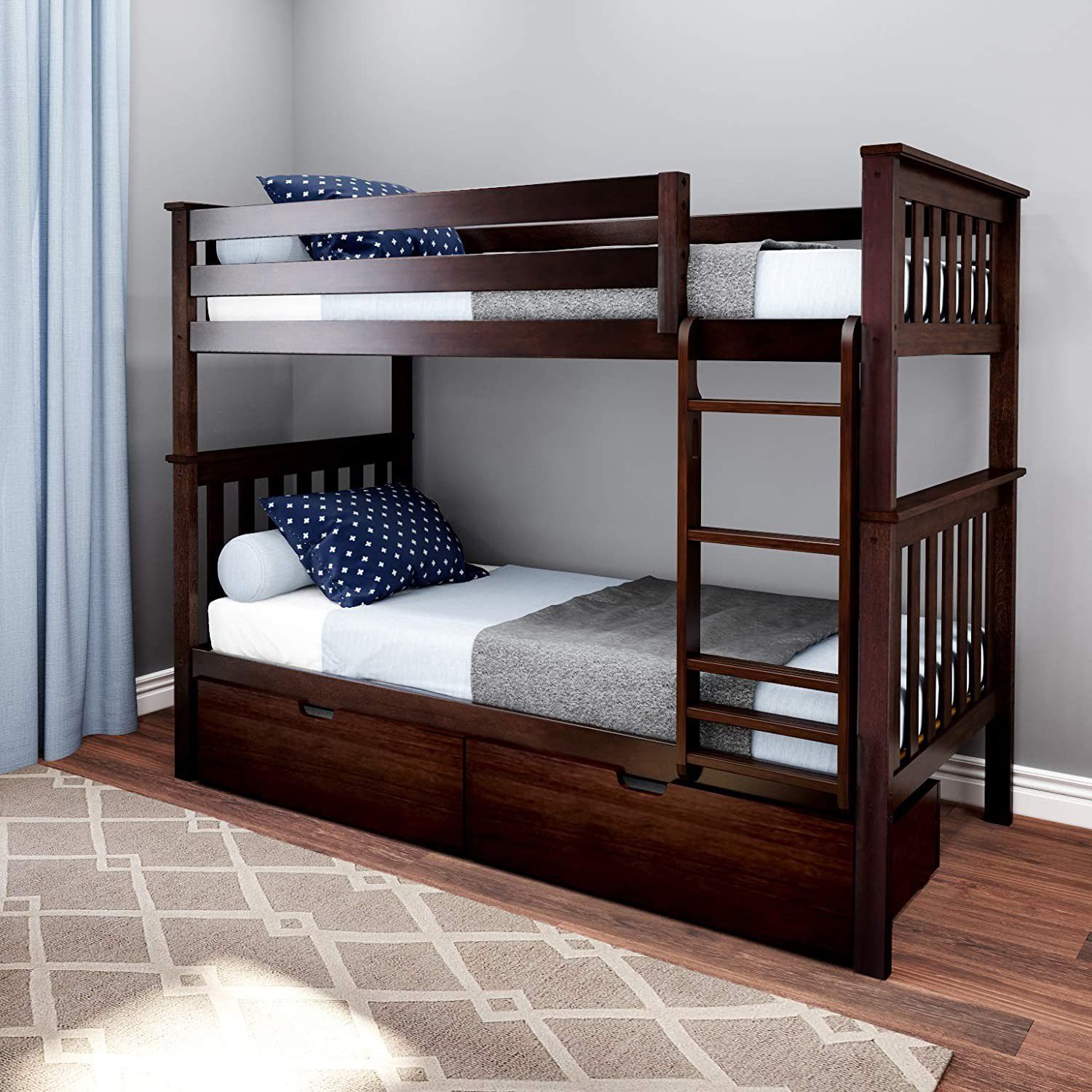 Solid Wood Twin Over Twin Bunk Bed with Storage in Espresso Canada