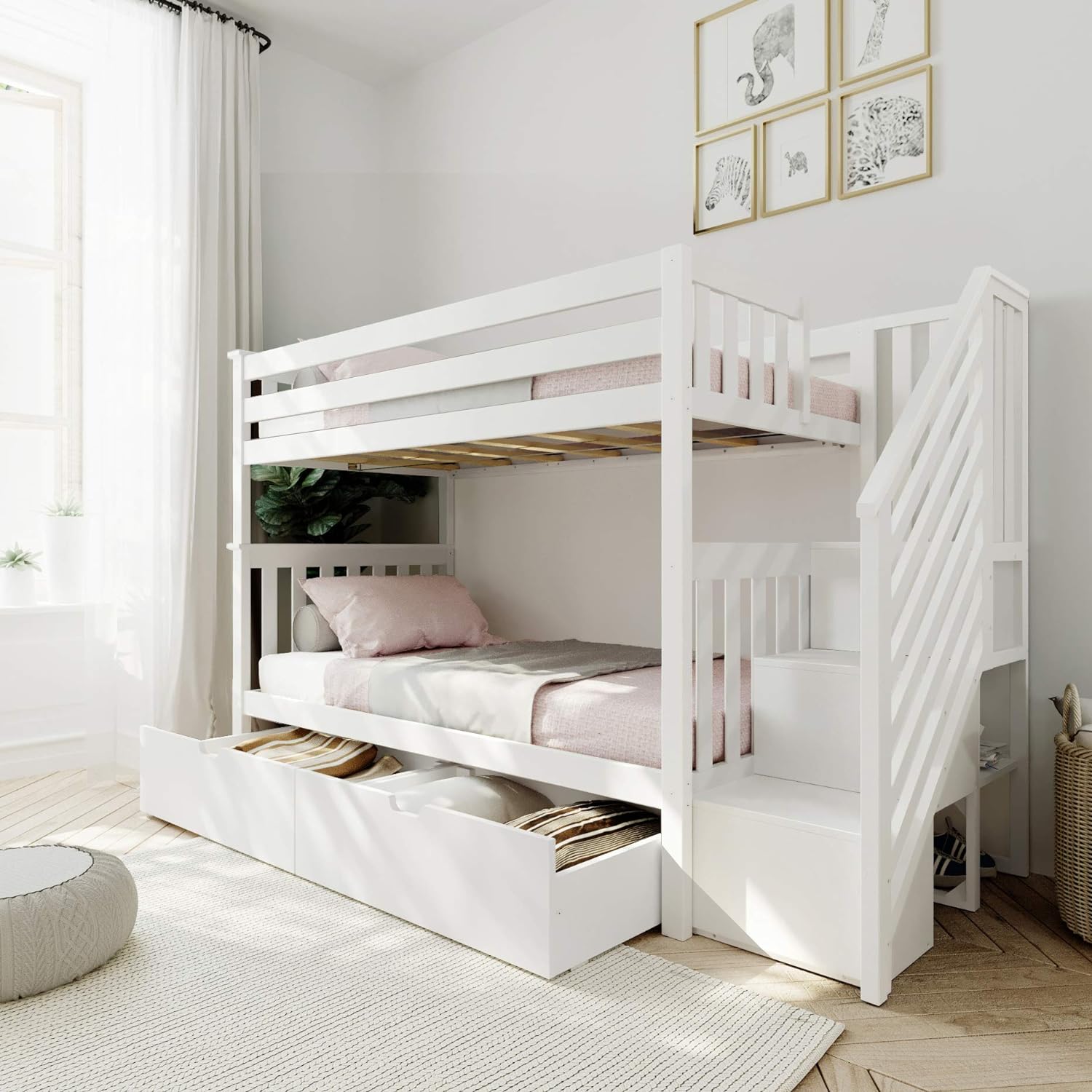 Solid Wood Twin Over Twin Bunk Bed with Stairs and Storage