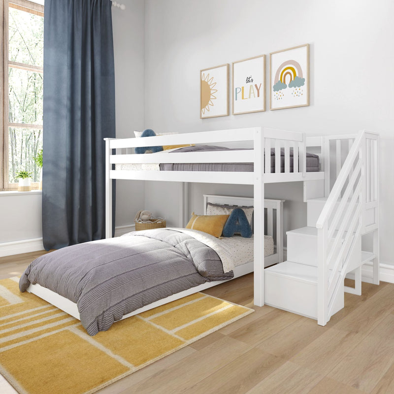 Solid Wood Twin Over Twin L-Shaped Low Bunk Bed with Staircase