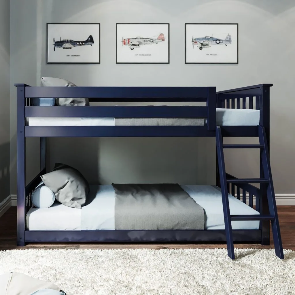 Solid Wood Twin Over Twin Low Bunk Bed in Blue