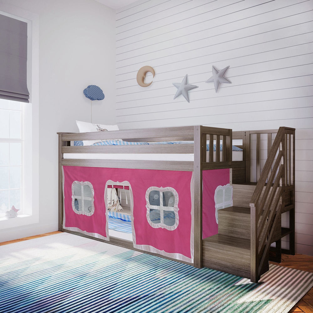 Solid Wood Twin Over Twin Low Bunk Bed with Staircase and Curtain