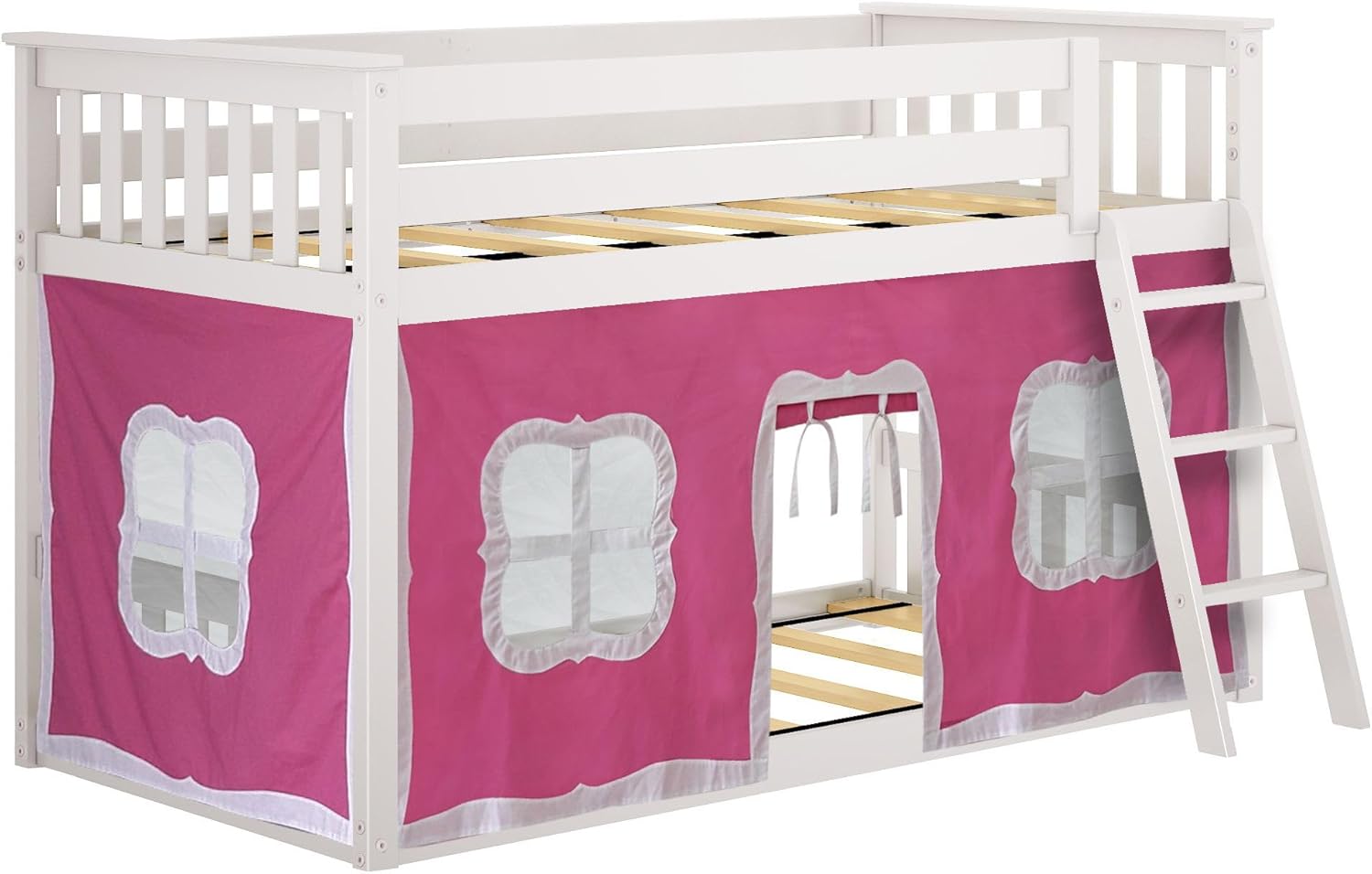 Solid Wood Twin Over Twin Low Bunk Bed with Curtain view 4