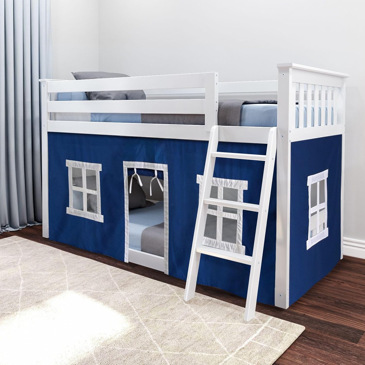 Solid Wood Twin Over Twin Low Bunk Bed with Curtain in Blue/White Canada