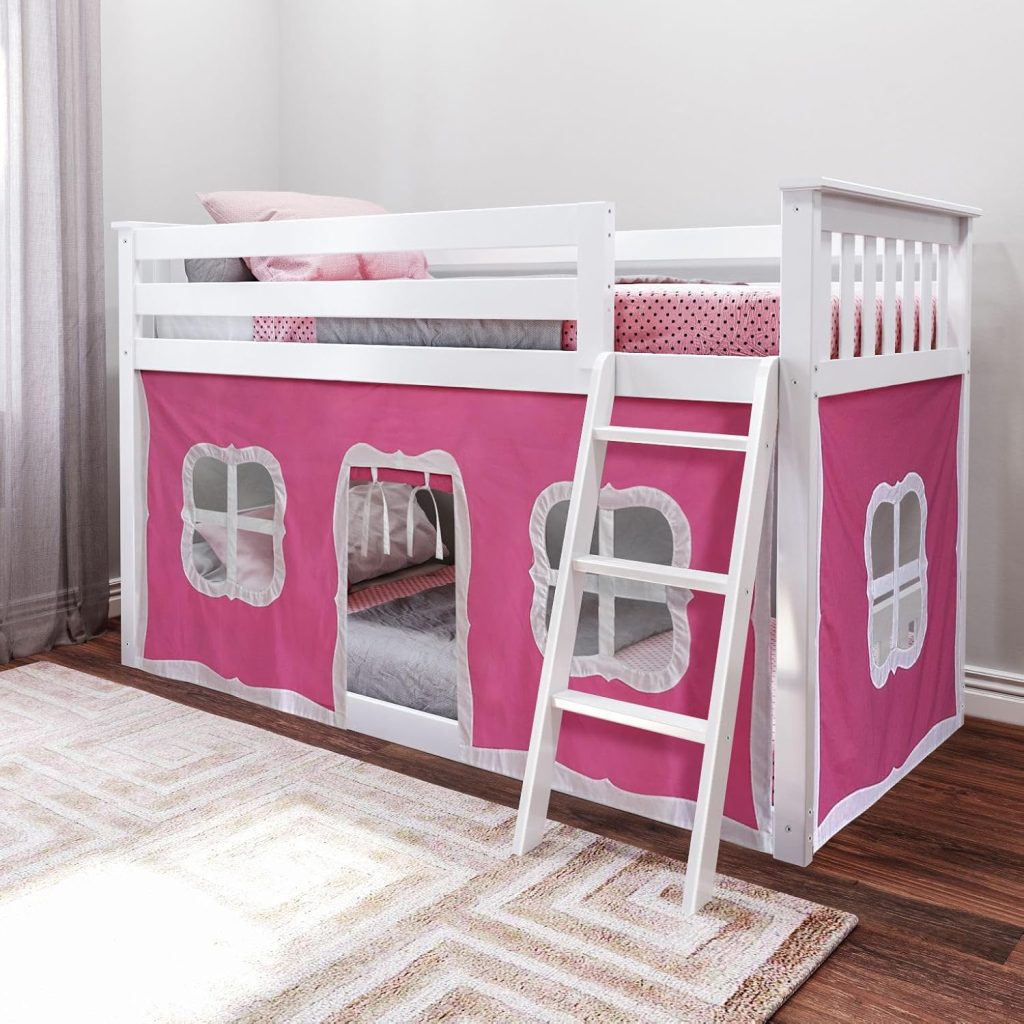 Solid Wood Twin Over Twin Low Bunk Bed with Curtain