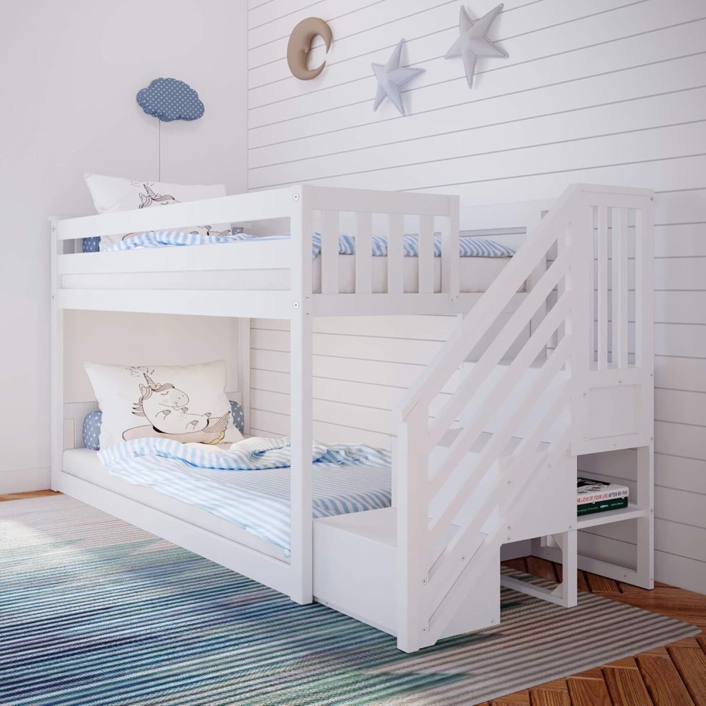 Solid Wood Twin Over Twin Low Bunk Bed with Staircase